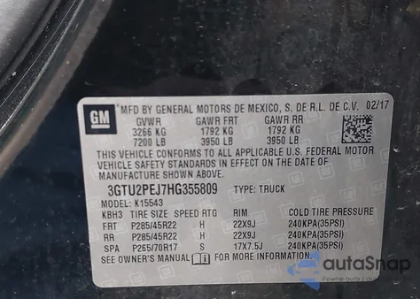 2017 GMC Sierra 1500 Denali z USA, uszkodzony, nr VIN 3GTU2PEJ7HG355809